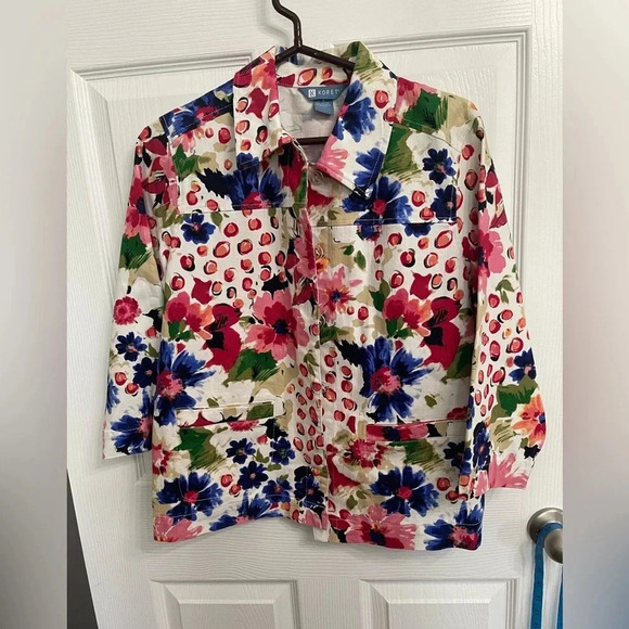 Koret M FLORAL Jean Jacket Style Button Up Collared 3/4 Sleeve Multi White Pink - Picture 1 of 4